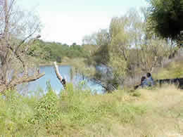 Rustic campsites line the river bank at discreet intervals
